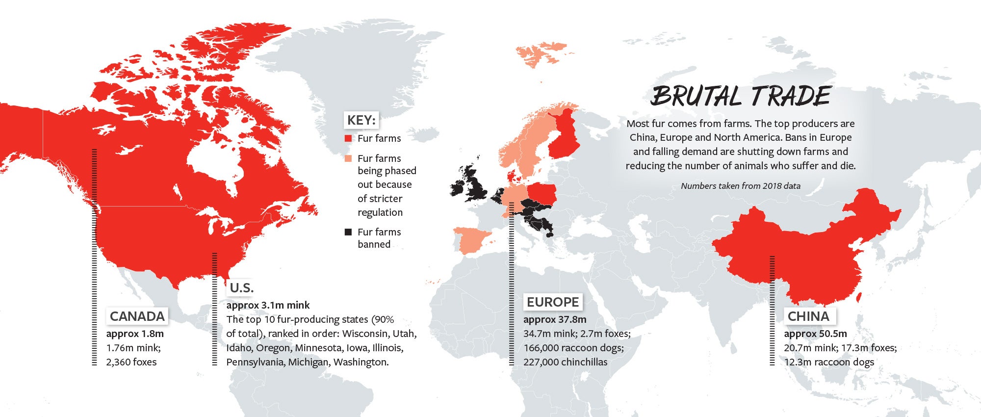 world map showing where fur farms are located in 2020