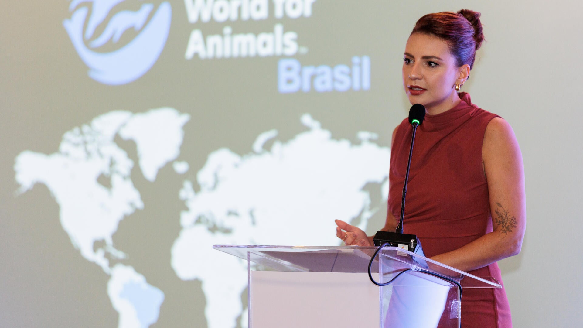 Thayana Oliveira, country director for Humane World for Animals Brazil, gives a presentation at the rebrand launch.