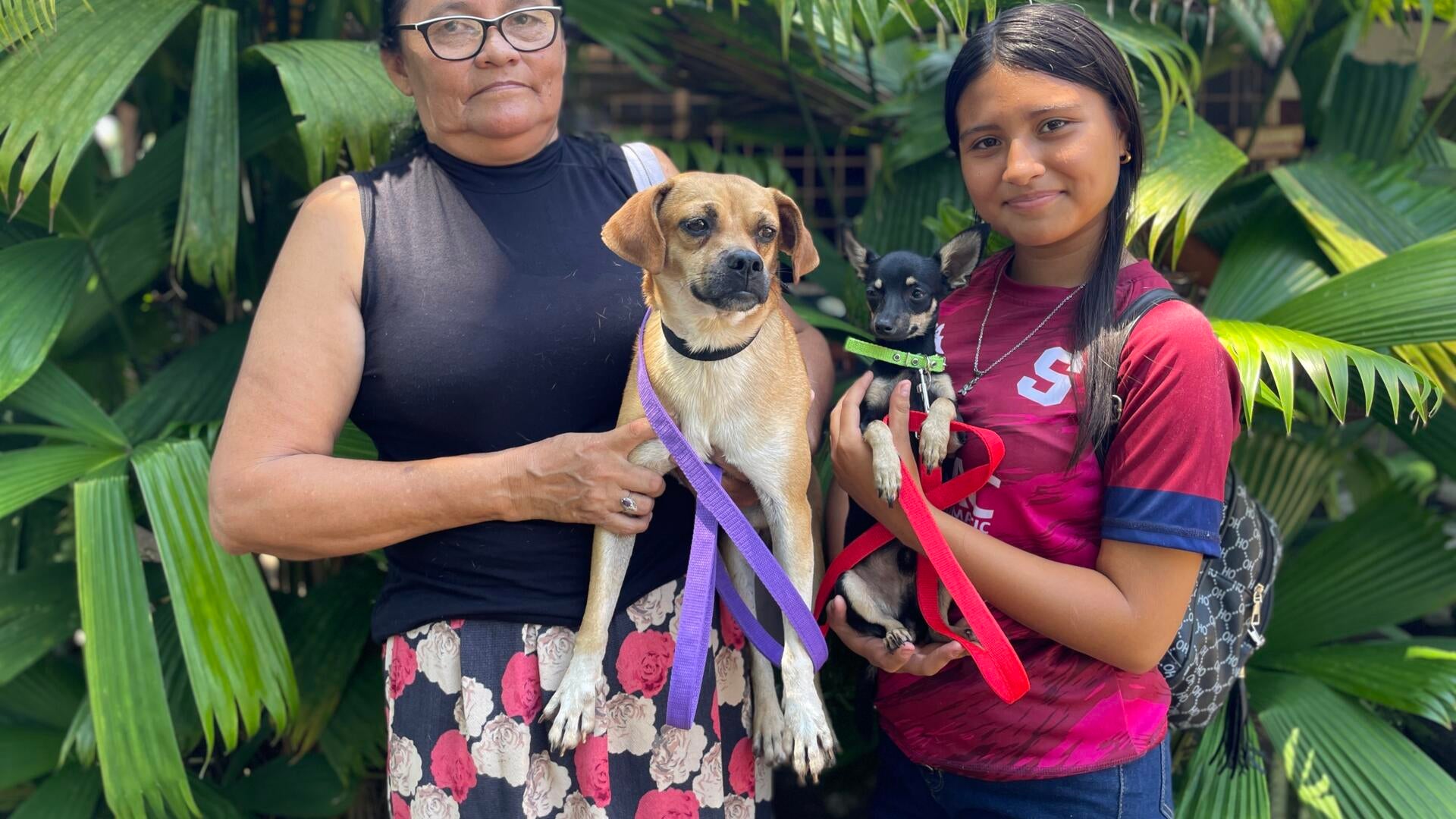 Two women hold dogs