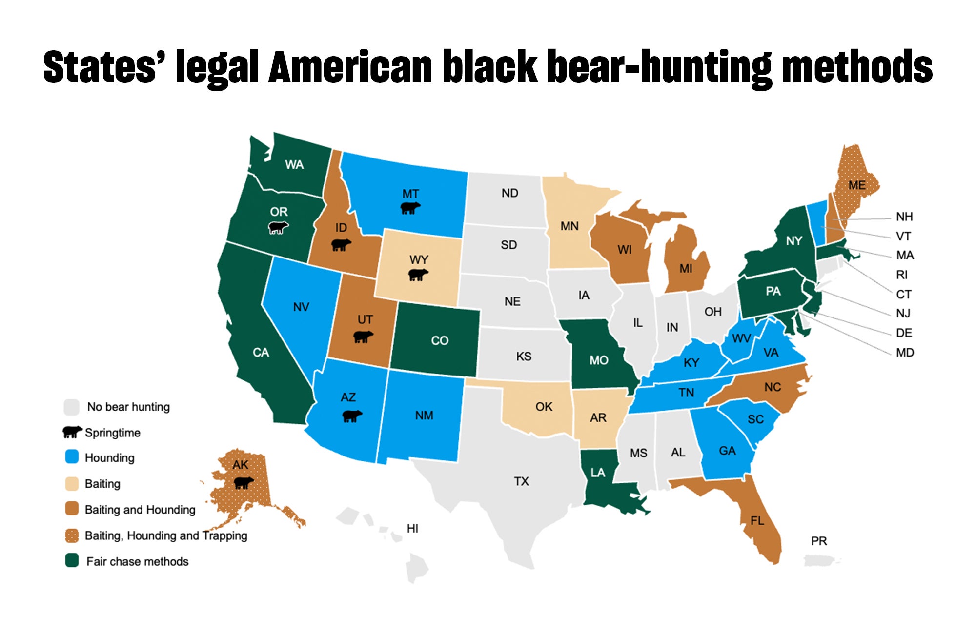 Infographic of the U.S. showing different states' legal black bear-hunting methods