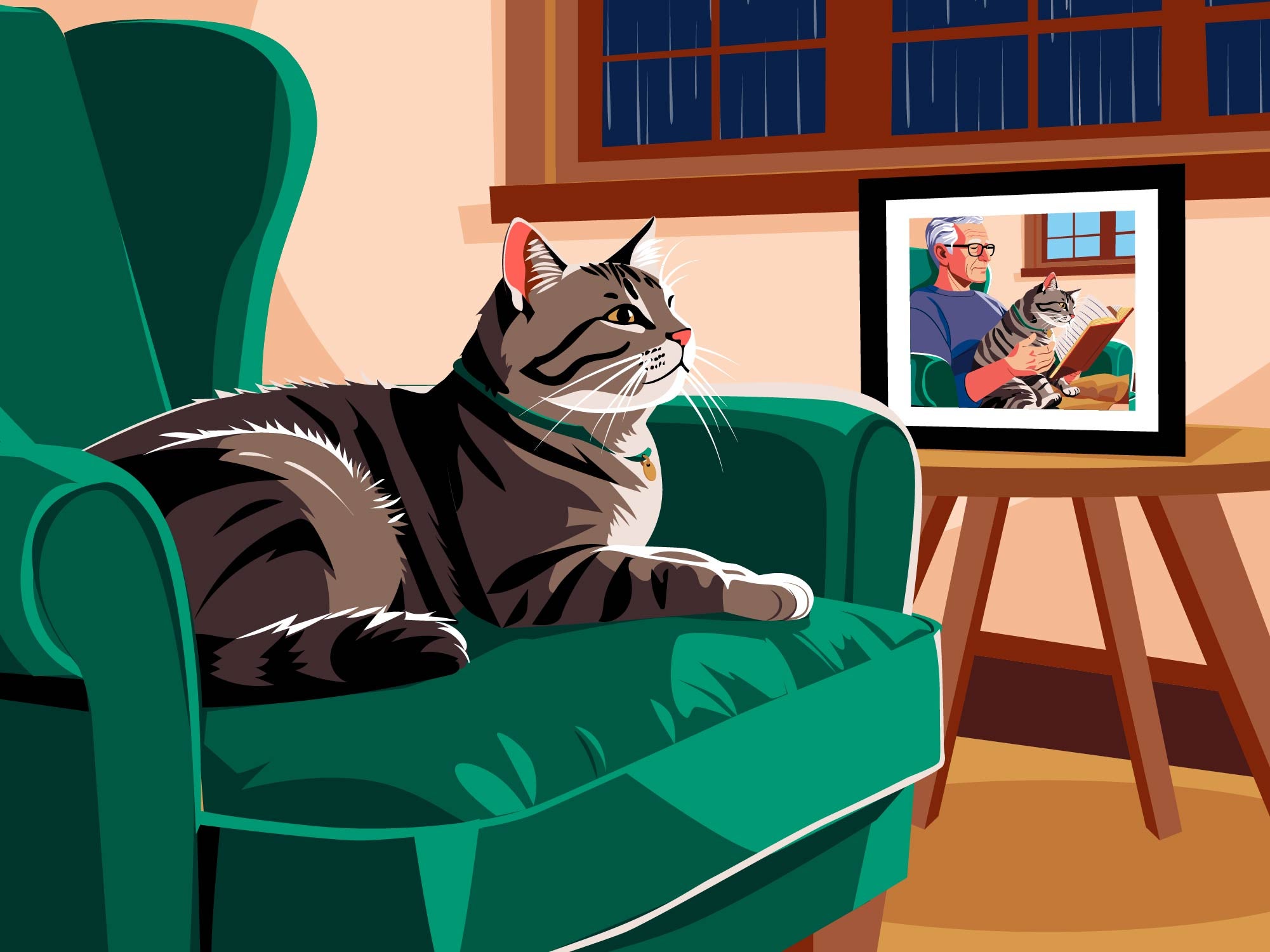 Illustration of a tabby cat lounging comfortably on a green armchair in a cozy living room. Beside the chair, a framed photograph on a small table shows an older man reading a book while the same cat sits on his lap. A window with dark blue night sky and rain streaks adds a calm, reflective mood to the scene.