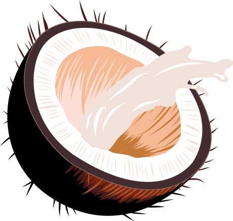 Illustration of a halved coconut with white flesh and coconut milk pouring out.