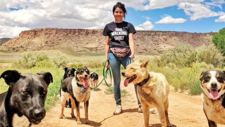  a person standing outdoors on a dirt path with several dogs