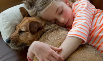 Dog and girl snuggling on the couch