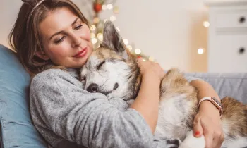 Woman and her dog cuddling on the couch with holiday lights behind them