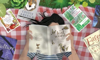 Illustrtion of a woman lying on a blanket in the grass reading books.
