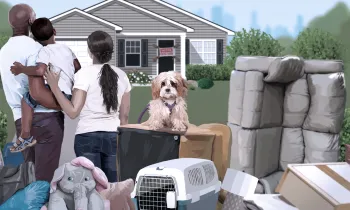 Illustration of a family with a dog in front of their house with eviction sign on it, surrounded by their belongings.