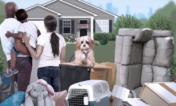 Illustration of a family with a dog in front of their house with eviction sign on it, surrounded by their belongings.