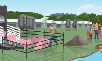 Illustration of a factory farm with man herding pigs into a truck, pollution and a family nearby