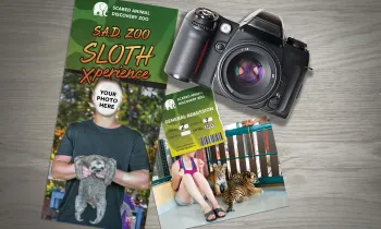 Photo collage of a roadside zoo brochure, ticket, a camera and a photograph of a girl with baby tigers.