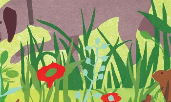 a dog points in a field of grass and wildflowers as a rabbit looks on