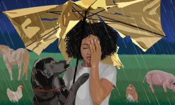 Illustration of sad woman under a broken umbrella in a rainstorm. A black dog tries to comfort her while animals endure the storm.