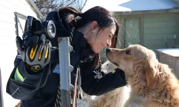 Intern Ashley Mauceri rubs noses with a dog