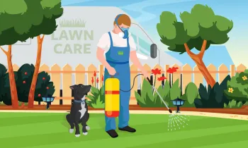 Illustration of a lawn care professional spraying chemicals onto a lawn while a dog sits looking up at him.
