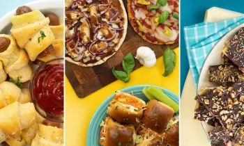 Delicious plant-based dishes on colorful backgrounds