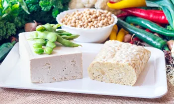 A plate of tofu and tempeh surrounded by veggies.