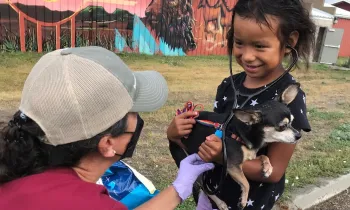 Veterinarian assisting a young girl holding her pet