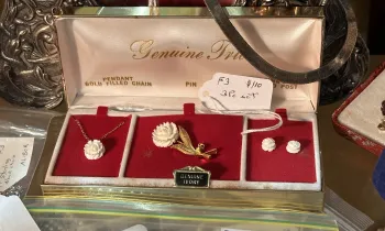 A "Genuine Ivory" labeled pendant, pin, and earrings that sold for $110