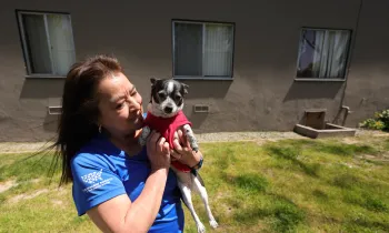 Woman holds and greets a dog