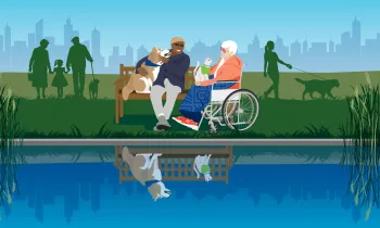 Senior man and woman sitting by a lake with their pets, in the lake reflection the people are missing.