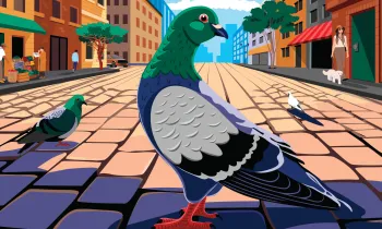 An illustration of a pigeon standing in the middle of a city street.