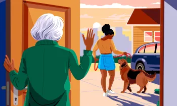 Illustration of a woman standing in her doorway, waving goodbye to another woman walking away with a dog.