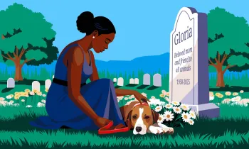 Illustration of a woman kneeling beside a dog in a peaceful cemetery. She sits in front of a gravestone marked “Gloria, Beloved mom and friend to all animals, 1950–2025,” gently resting her hand on the dog’s head. The dog lies among white daisies, looking sad. Trees and additional gravestones sit in the background under a bright blue sky.
