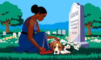 Illustration of a woman kneeling beside a dog in a peaceful cemetery. She sits in front of a gravestone marked “Gloria, Beloved mom and friend to all animals, 1950–2025,” gently resting her hand on the dog’s head. The dog lies among white daisies, looking sad. Trees and additional gravestones sit in the background under a bright blue sky.