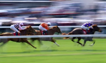 Horse racing in progress- jockeys ride horses along a racetrack. They are all blurred with speed.