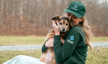 Humane World for Animals staff hugging a dog