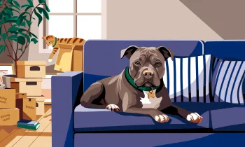 Illustration of a gray-and-white dog lying on a blue couch in a living room surrounded by moving boxes, with an orange cat sitting in an open box in the background.
