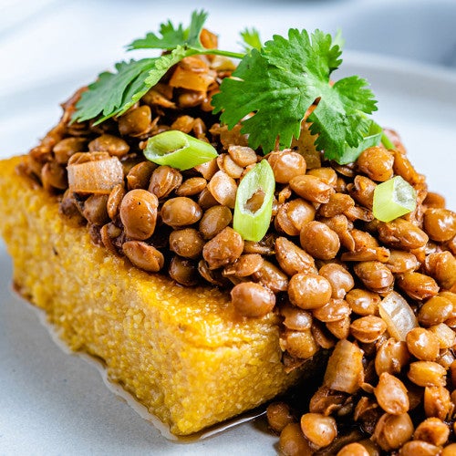 Polenta cake with lentil chorizo