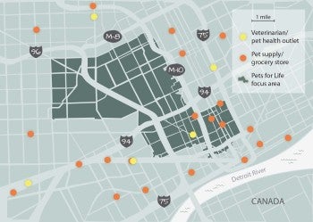 Map showing the lack of Veterinary and pet supply services in the Detroit area