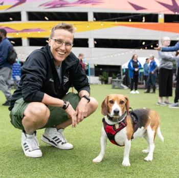 Hiver the beagle with his owner.