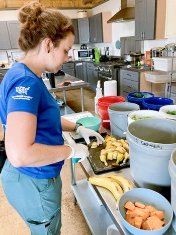 Black Beauty Ranch staff member prepares food for the animals.