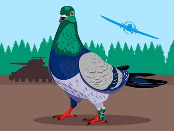 Illustration of a carrier pigeon on a WW2 battlefield