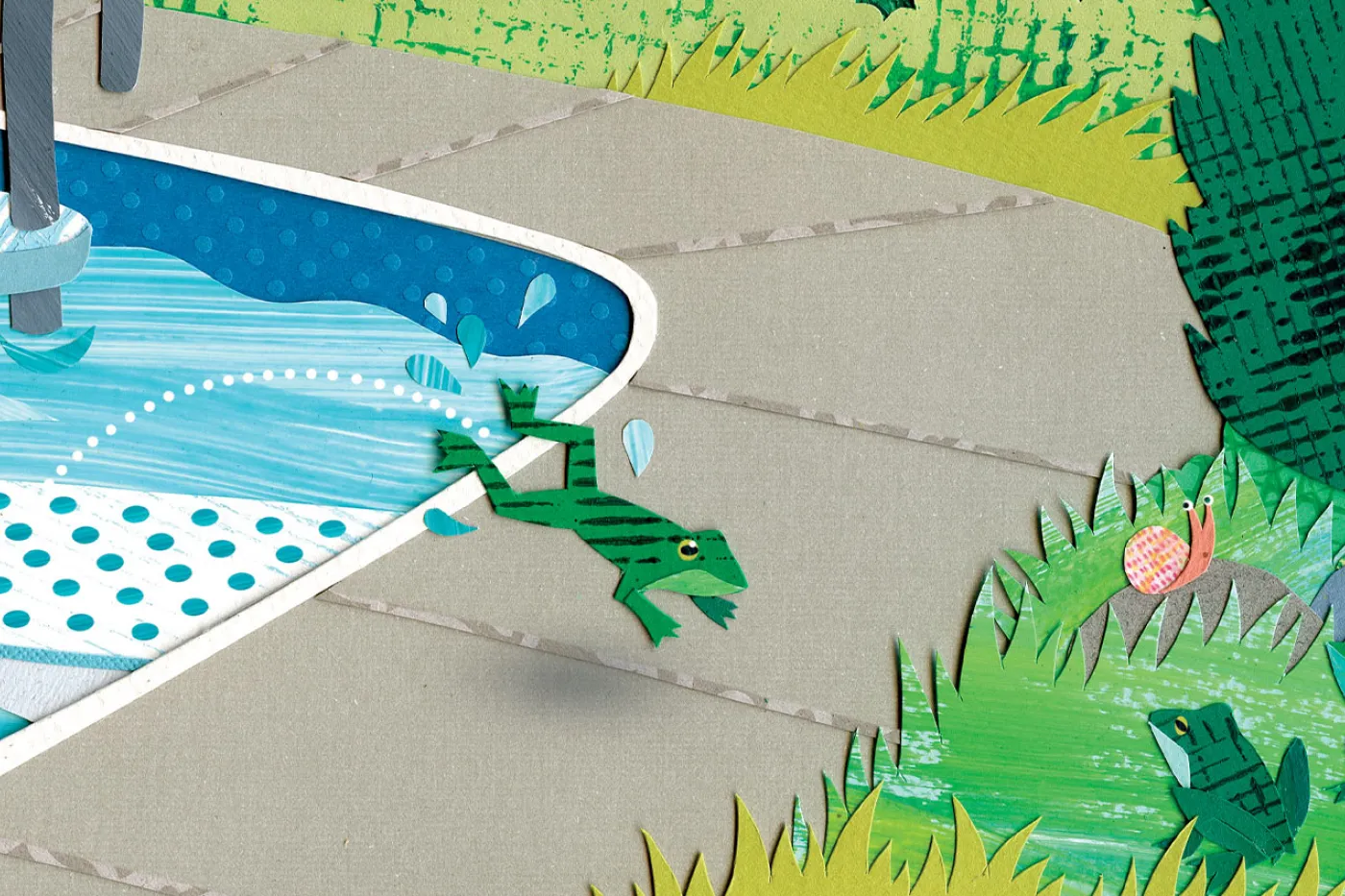 A frog jumps to safety out of a pool using a ramp to rejoin the other frogs on the safety of the grass