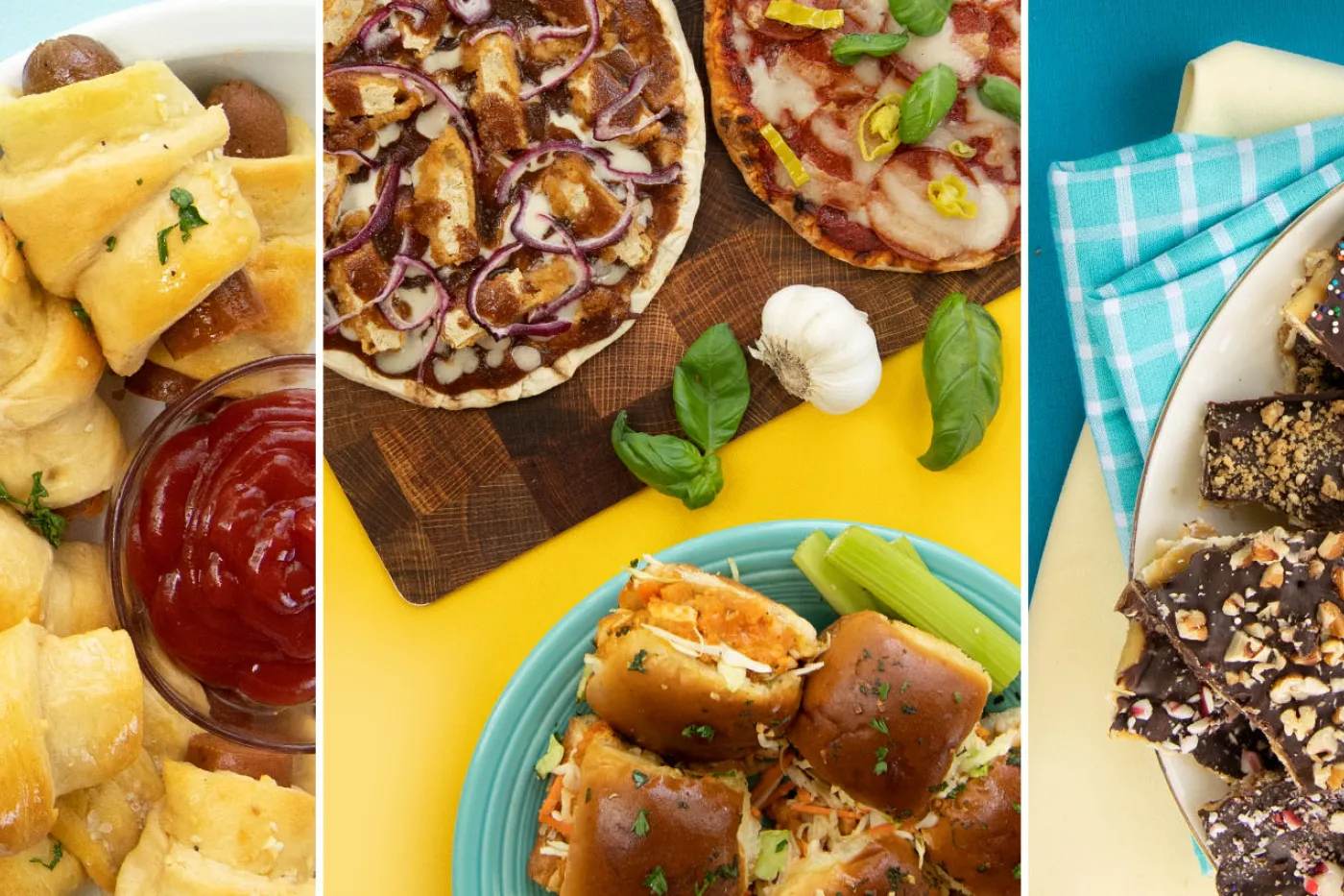 Delicious plant-based dishes on colorful backgrounds