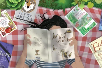 Illustrtion of a woman lying on a blanket in the grass reading books.
