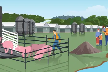Illustration of a factory farm with man herding pigs into a truck, pollution and a family nearby