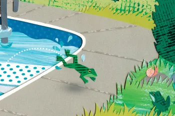 A frog jumps to safety out of a pool using a ramp to rejoin the other frogs on the safety of the grass