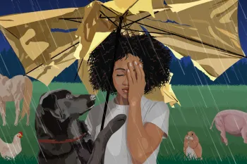 Illustration of sad woman under a broken umbrella in a rainstorm. A black dog tries to comfort her while animals endure the storm.