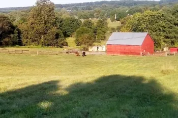 A red barn on a green field with trees and low mountains in the background