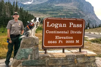Mark Biel and Gracie standing at the Logan Pass sign.