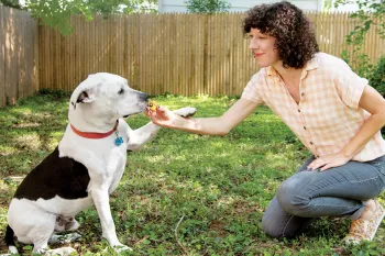 Woman outside with dog, feating him a treat