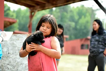  girl holds a puppy