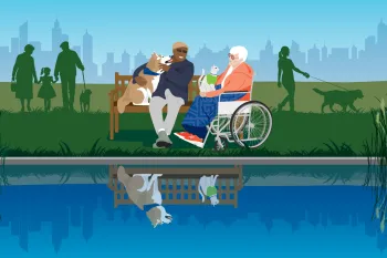 Senior man and woman sitting by a lake with their pets, in the lake reflection the people are missing.