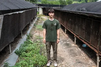 Sangkyung Lee, Dog Meat Campaign Manager of HSI Korea, at a dog meat farm in Ansan City, South Korea