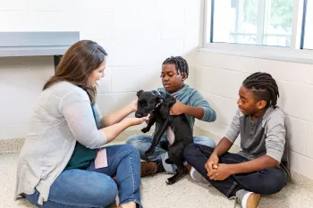An adult woman and two adolescent boys sit on the floor and gently handle a black puppy 