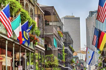 Balconies on buildings and houses with wrought iron in the French Quarter, New Orleans